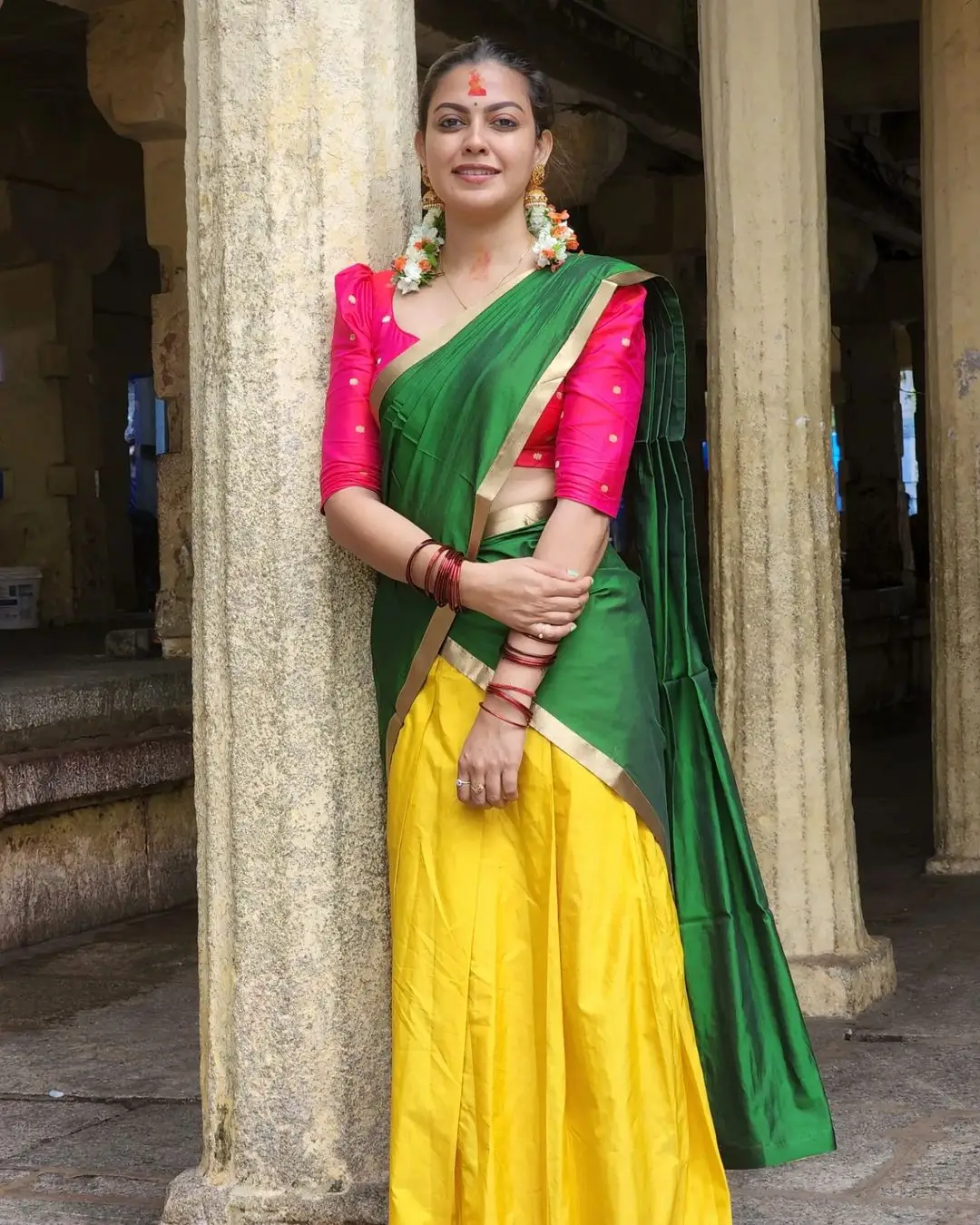 Anusree Nair In South Indian Traditional Green Saree Red Blouse